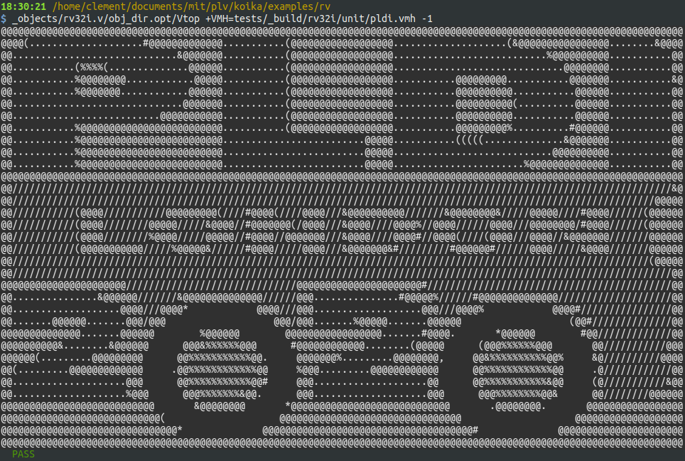 Terminal window showing ASCII art of the PLDI20 logo, printed by running our RISCV core in simulation